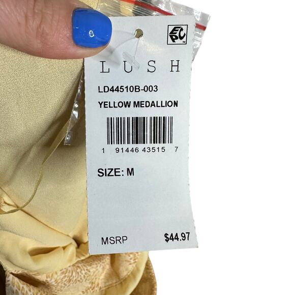 LUSH Yellow Medallion Print Open Back Maxi Dress Halter Women's Size Medium NWT - Picture 7 of 9